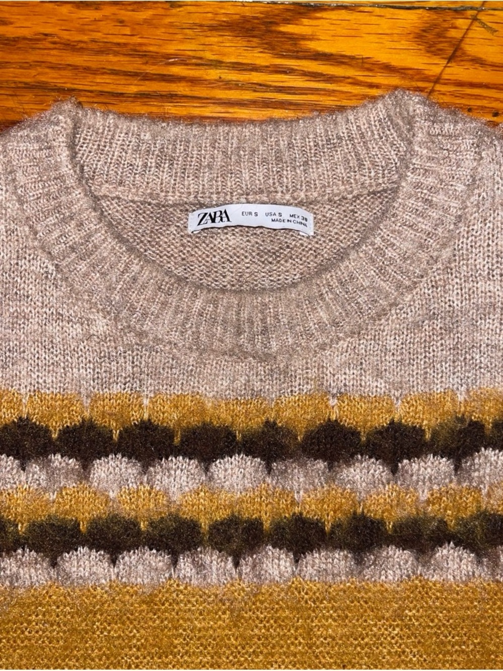 Rare, Zara Beige Crewneck Sweater with Mustard and Dark Brown Fair Isle